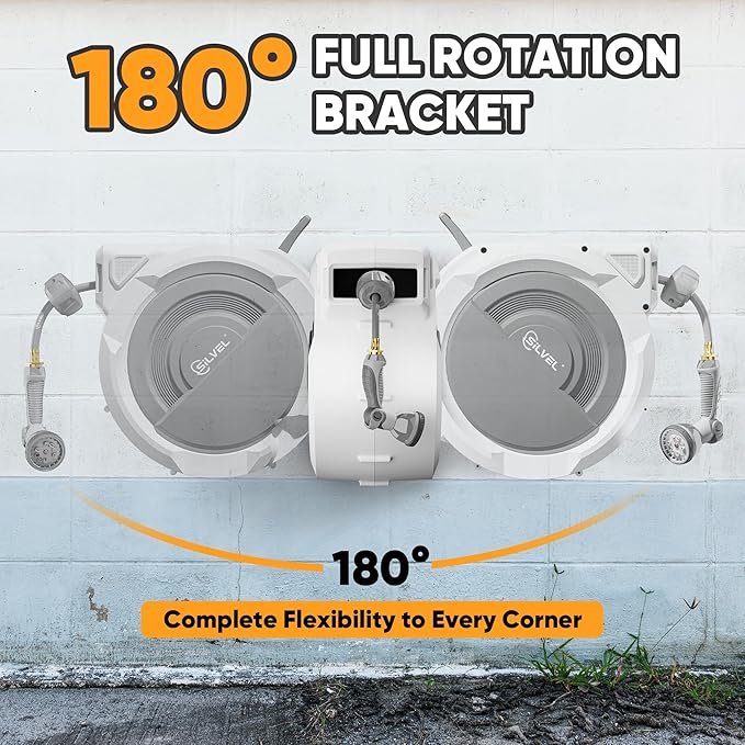 SILVEL Retractable Garden Hose Reel – 1/2 in x 150FT Heavy Duty Automatic Hose Reel Wall Mounted, Upgraded UV Resistant with 10 Pattern Nozzle, Any Length Lock & Slow Return System, 180°Swivel Bracket