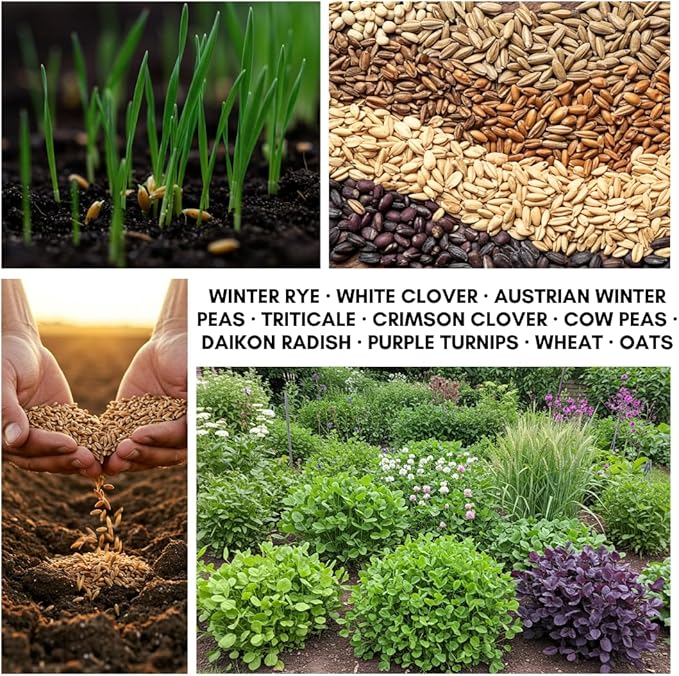 SoilBoost 10-Variety Cover Crop Blend - No-Till Seed Mix - Winter Rye, White Clover, Austrian Winter Peas, Triticale, Crimson Clover, CowPeas, Daikon Radish, Purple Turnips, Wheat, Oats, (10 Pounds)