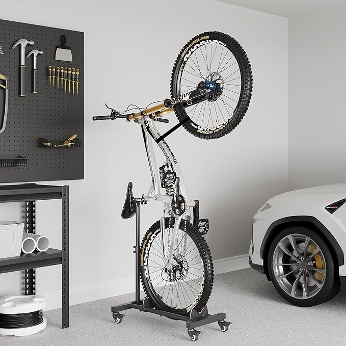 Vertical Bike Stand, Freestanding Bike Rack Garage Storage Upright Bicycle Floor Stand Indoor Bike Holder with Adjustable Height for Garage & Apartment - for Wheels Sizes up to 29”
