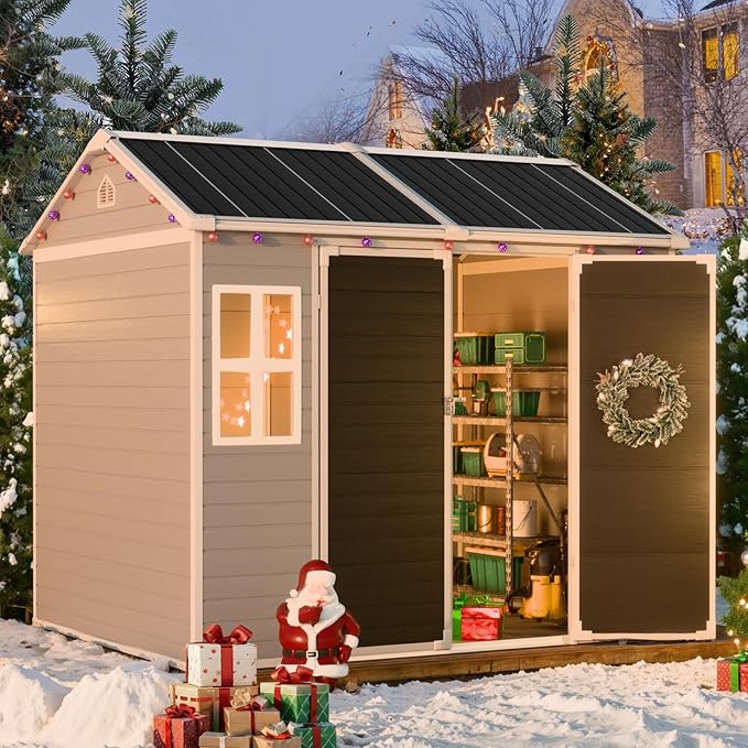 CDCASA 8x6 FT Resin Storage Sheds with Floor Included, Waterproof Large Outdoor Sheds & 2 Windows,Outside Plastic Tool Shed for Backyard Garden Patio Lawn Poolside