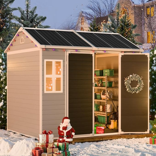 CDCASA 8x6 FT Resin Storage Sheds with Floor Included, Waterproof Large Outdoor Sheds & 2 Windows,Outside Plastic Tool Shed for Backyard Garden Patio Lawn Poolside