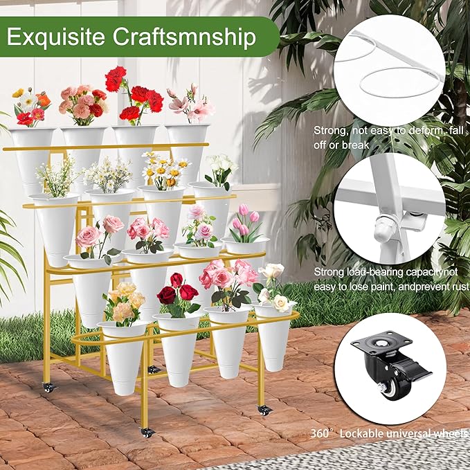 Floral Display Stand with 16 White Flower Baskets, 4-Layers Cart Display Stand with Wheels ,Sturdy Mobile Flower Bouquet Rack for Courtyard, Garden, Flower Shop, Living Room, Balcony, with Lockable Rotating Wheels (Gold)