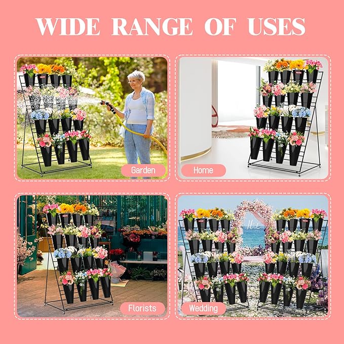 Flower Display Stand with Buckets, 4 Layers 16 PCS Buckets Plant Stand with Wheels, Movable Metal Plant Stand for Terrace Garden, Living Room, Florist Shop (Black Frame - Black Buckets, 4-Tier)