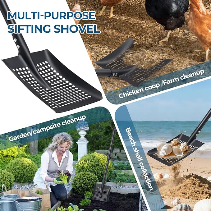 Beach Sifter Sand Scoop for Treasure Hunting, 47" Adjustable Metal Sand Sifter Shovel with Comfort Grip, High Sides for Shells & Relics
