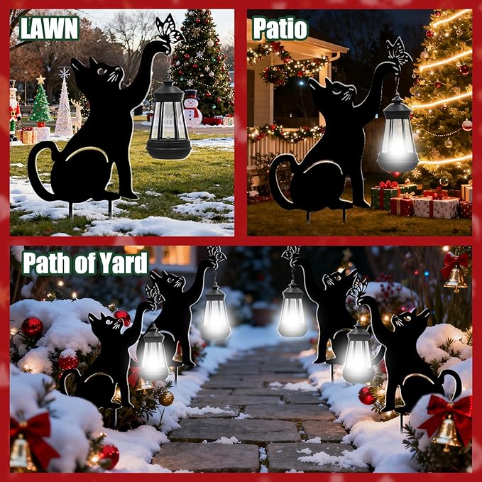 Black Cat Christmas Yard Decorations Outdoor - Solar Lights Outdoor Garden Decor Stake with Butterfly Decorative Metal Housewarming Ornament for Pathway Lawn Patio – Unique Gift for Woman Mom Grandma