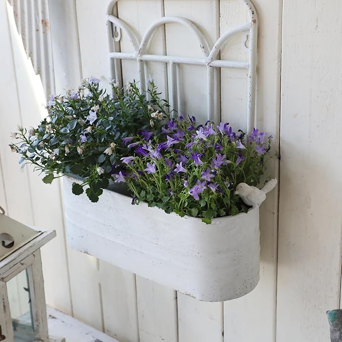 Rustic Metal Wall Planter Vintage Wall Mounted Flower Pot Distressed Wall Hanging Plant Basket Farmhouse Wall Decor for Indoor Outdoor Garden Home Yard (White)