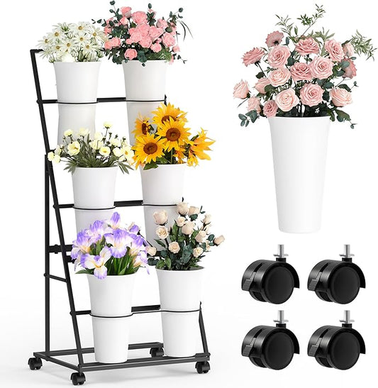 Invech Flower Display Stand with 6 Buckets and Wheels, 3 Tier Flower Cart Display Stand for Indoor Outdoor Garden, Wedding, Flower Shop (Existing Patent)