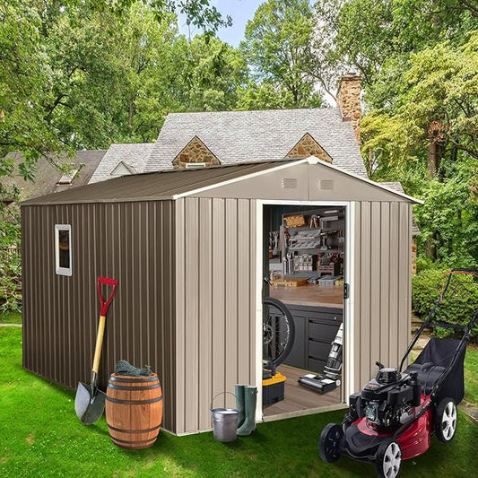 Favfurish 10×8FT Outdoor Metal Storage Shed Large Garden Sheds with Floor Base & Window,Sliding Doors and Padlock for Garden,Backyard,Lawn,Easy to Assemble,Grey