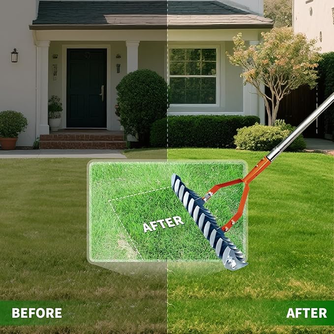 Thatch Rake,14" Wide 21-Tines Sturdy Garden Dethatcher Rake,Heavy Duty Ergonomic Adjustable Stainless Steel Handle;Durable Versatile Head for Removing Dead Grass and Leaves Clippings, Loosening Soil