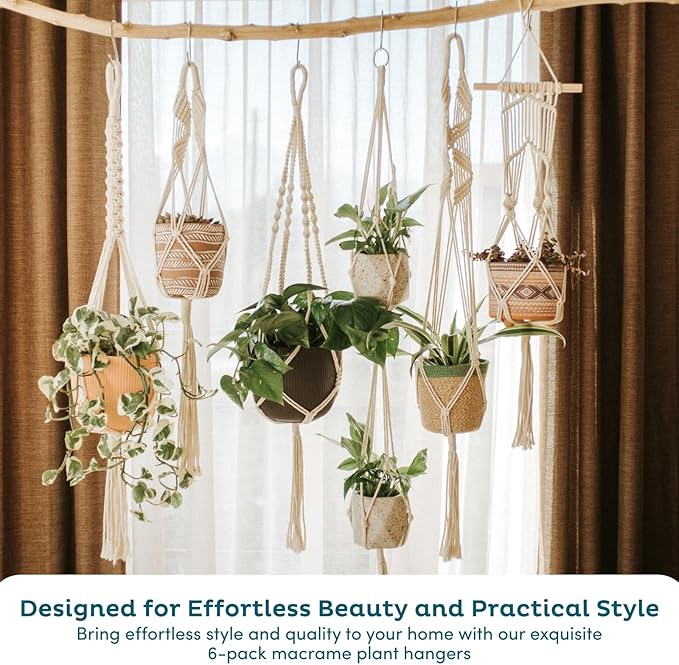 Nook Theory 6-Pack Macrame Plant Hangers with 12 Hooks - Hanging Planters for Indoor Plants, Boho Macrame Hangers Indoor Outdoor, Decorative Plant Hanger Indoor (Light Gray)