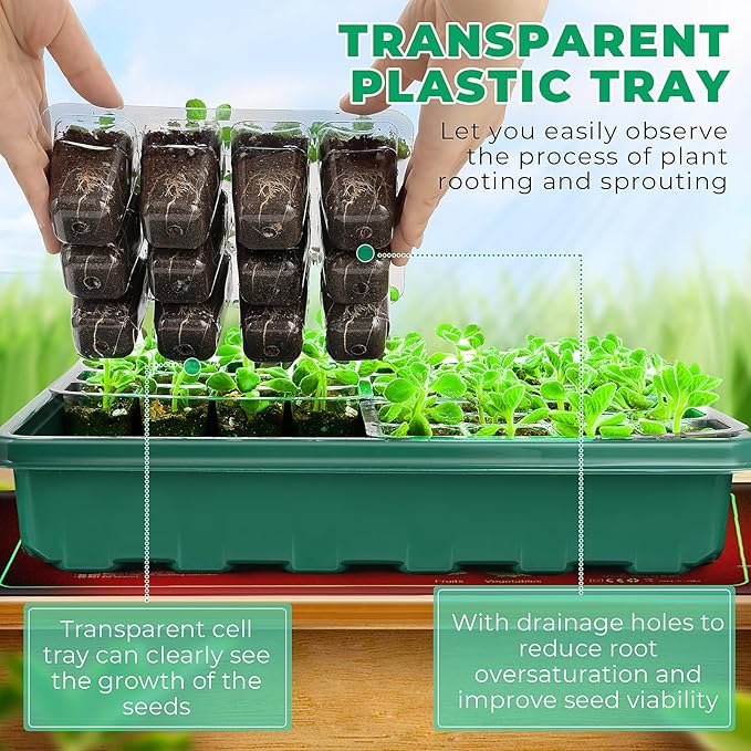 Seed Starter Tray, 96-Cell Seed Growing Tray with Grow Lights, Heat Mat, Indoor Gardening Plant Germination Trays (Green, 5 x 14.5 x 11 inches)