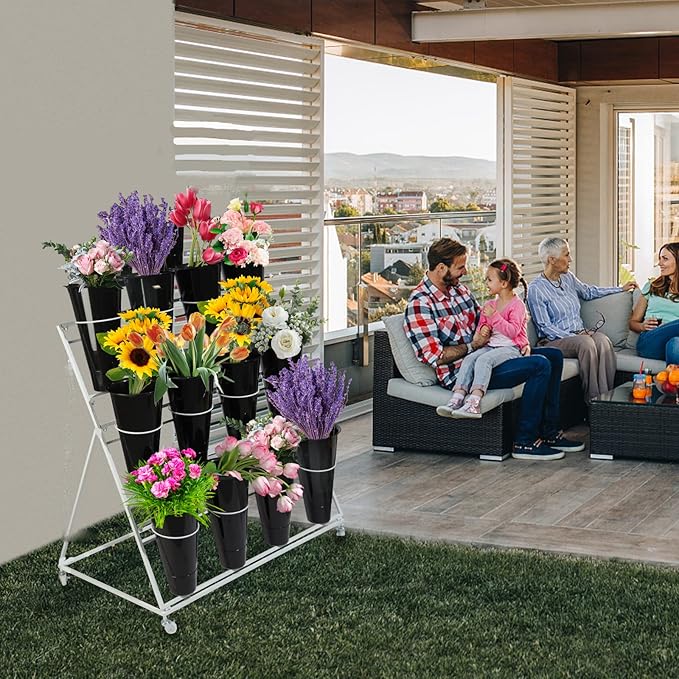 Flower Display Stand with Buckets, 3 layers Metal Plant Stand with Wheels, Moving Florist Bouquet Shelf for Fresh Flower Shop, for Patio Garden, Living Room, Outdoor Flower Pop-Up Events (White Frame - Black Bucket)