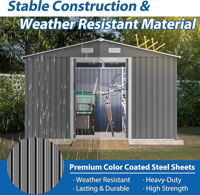 10X8 FT Outdoor Storage Shed W/Lockable Sliding Doors,Metal Shed W/Sloped Roof & Air Vents,All Weather Garden Tool House for Backyard Patio Lawn,Gray