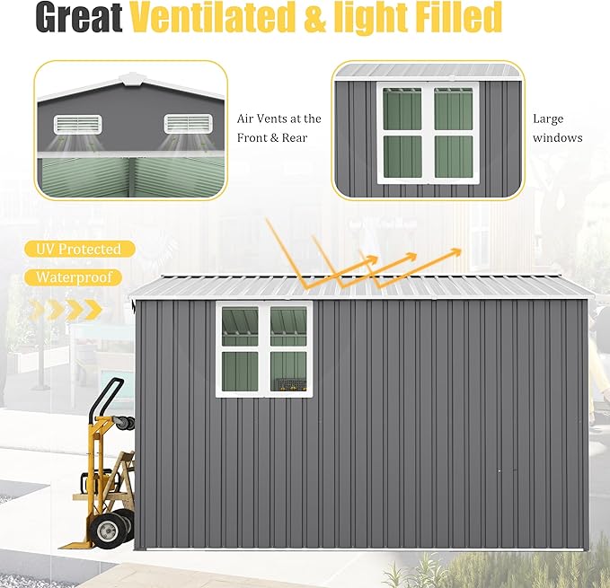 10x12 FT Outdoor Storage Shed,Extra Large Metal Garden Tool Shed with Lockable Doors,Windows & Air Vents,Dual-Zone Design Outside Steel Tiny House for Backyard, Patio Lawn,Dark Gray