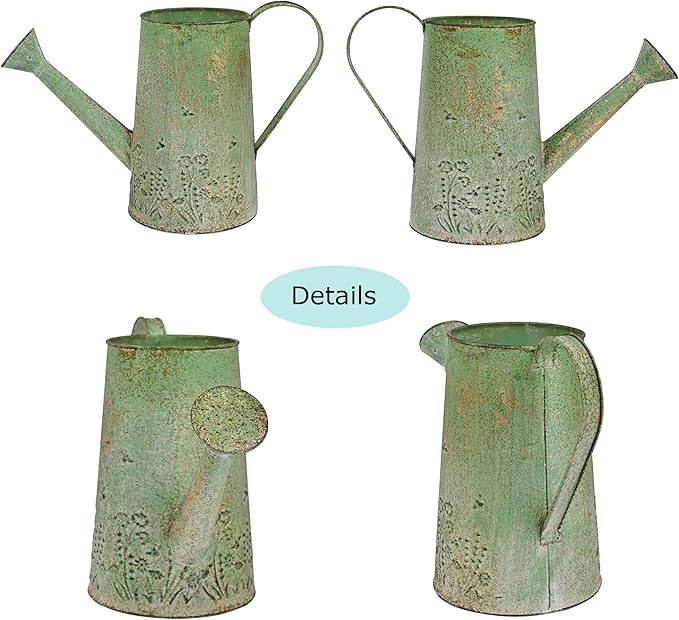 Vintage Metal Watering Can with Floral Embossed Design Garden Distressed Green Decorative Watering Pot Planter Farmhouse Waterer for Home Indoor Outdoor Garden Balcony Courtyard (Green#2)