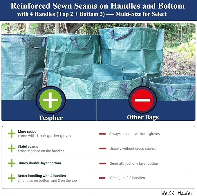 Professional 3-Pack 63 Gallon Lawn Garden Bags Large (D31,H19 inch) Yard Waste Bags W/Gardening Gloves,Standable,Reusable Leaf Bag,Lawn Debris Bin,Garden Trash Container,Plant Trimmings Bag 4 Handles