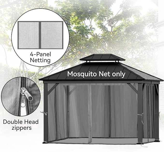 Gazebo Mosquito Netting Replacement Universal 4-Panel Sidewalls 10' x 12', Outdoor Gazebo Mosquito Nettings with Double Zipper, Replacement for Patio, Garden, Grey (Mosquito Net Only)