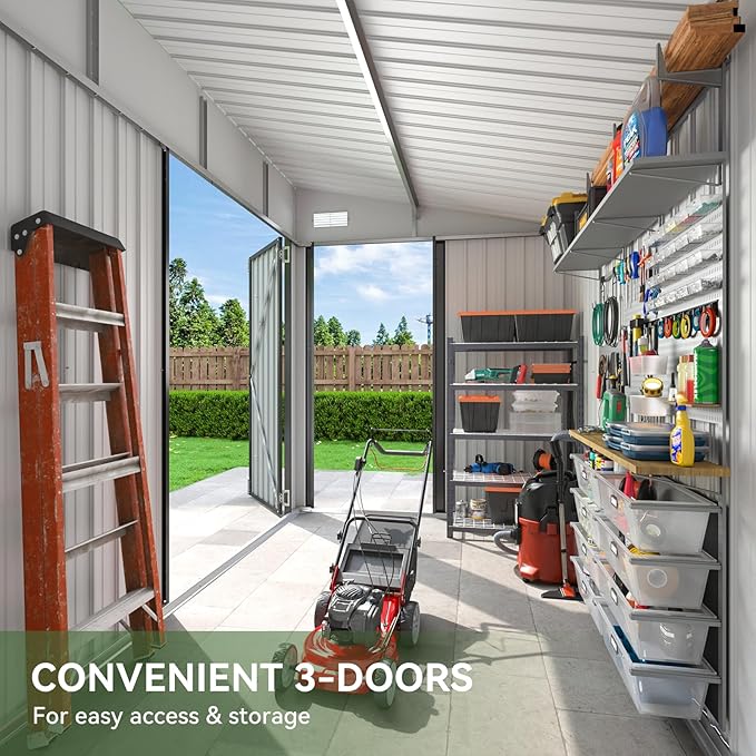 Aoxun 7.5'x4' Triple Door Shed Outdoor Storage Shed with Three Lockable Door for Easily Accessing Metal Storage Cabinet with Slopping Roof for Tools Bicycles Storage for Garden, Backyards (Black)
