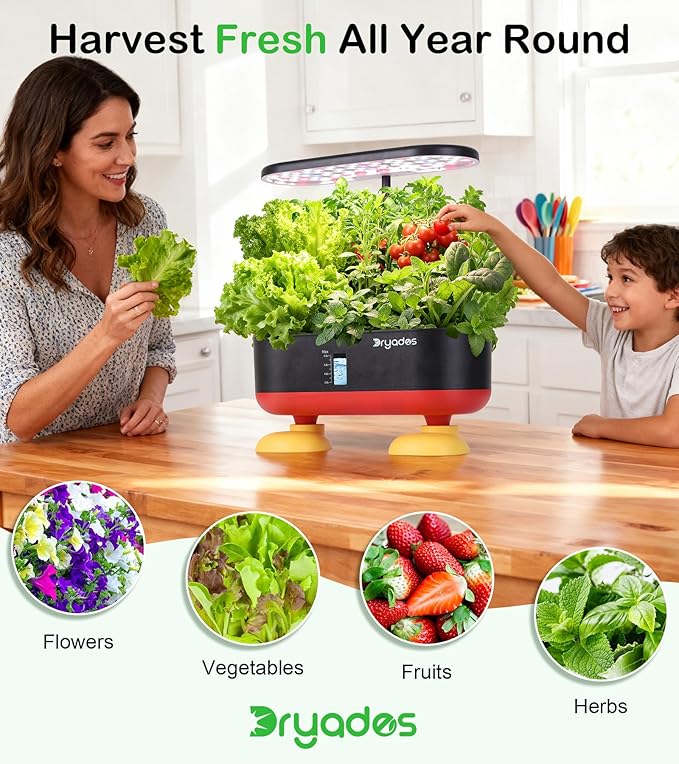 16 Pods Hydroponic Growing System, Indoor Garden with 24W Full-Spectrum LED, Smart Quiet Auto-Watering Herb Planter, Classic Red-Black Gift Design for Home, Office & Holiday