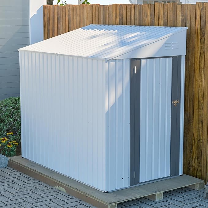 4x7 FT Outdoor Storage Shed,Lean to Lockable Metal Garden Shed Steel with Reinforced Beams,All Weather Waterproof Storage House W/Lockable Door&2 Air Vents,for Backyard,Patio,Lawn,Garden,White