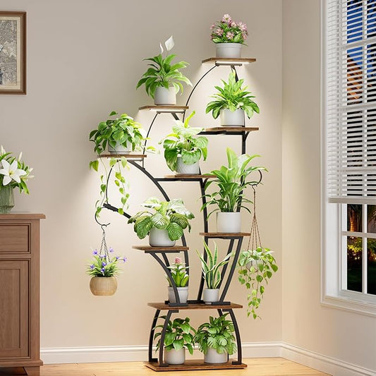 plant stand indoor with grow lights - 65" tall plant shelf, Lighted large plant stand for indoor plants, 8 Tiered Flower holder, shell-shaped plant rack for living room, home décor