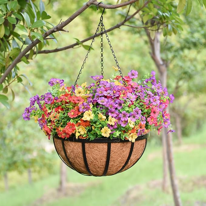 14 Inch Metal Hanging Planter Basket with Coconut Fiber Liner Hanging Plant Flower Pot for Home Garden Patio Decoration,Metal Flat Iron Pattern, 4 Pack