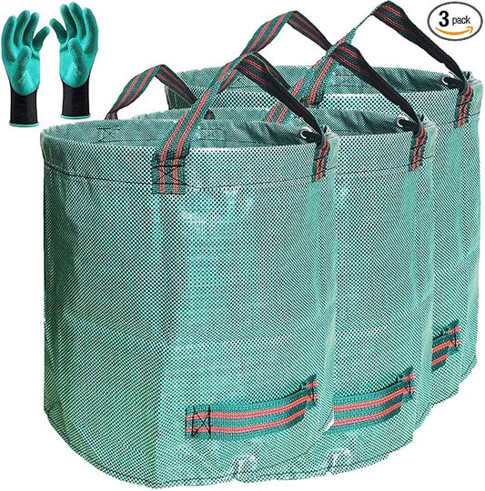 Standard 3-Pack 32 Gallon Lawn Garden Bags (D18,H30 inch) Yard Waste Bags with Gardening Gloves - Reusable Leaf Bags,Yard Debris,Trash Container,Plant Trimmings Bag,Grass Clippings,Weeds Bag 4 Handles