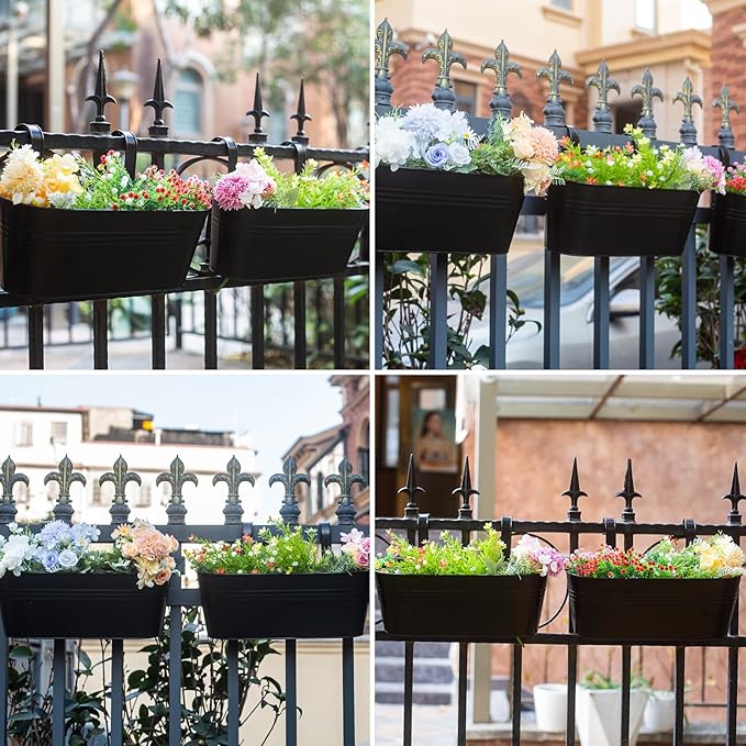 Balcony Planters 16 Inch Railing Hanging Metal Planters with Hooks for Outdoor Plants Flower Boxes for Fence Patio Deck 3 PCS(Black)