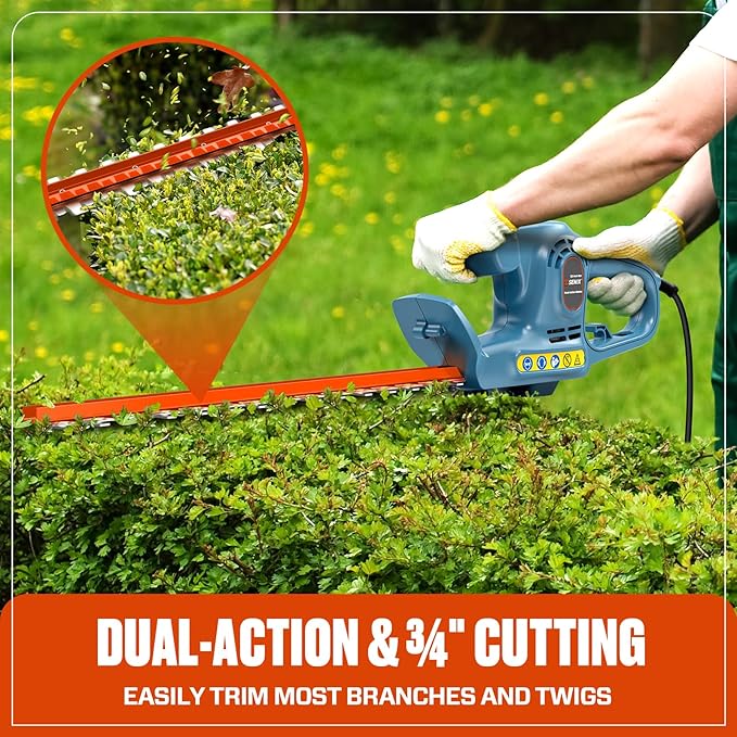 SENIX HTE3.8-L 120V 3.8 Amp 21-Inch Corded Electric Hedge Trimmer,Garden Tool to Trim Shrubs,Bushes,Double Sided Dual Action Blades,3/4" Cutting Capacity,Includes Blade Cover