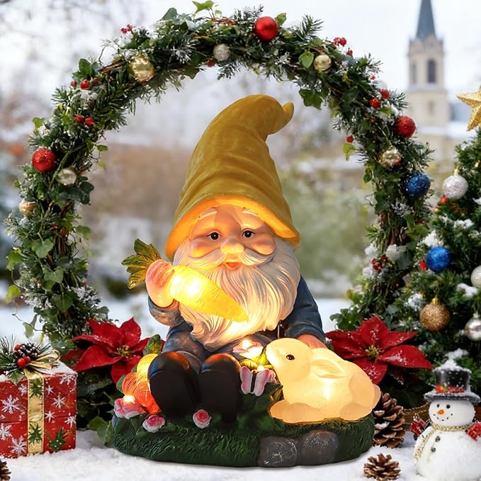 Christmas Gnomes Outdoor Statue Gnome Feeding Rabbit with 6 LED Solar Figurine for Lawn,Patio,Balcony,Yard Decor Unique for Grandfather, Father,Grandma