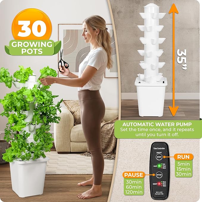 Carpathen Hydroponic Tower Growing System - Indoor Vertical Gardening System for 30 Plants - Complete Kit with Timer, PH+TDS Meter, Water Level Gauge - Self Watering Indoor Herb Garden Without Soil