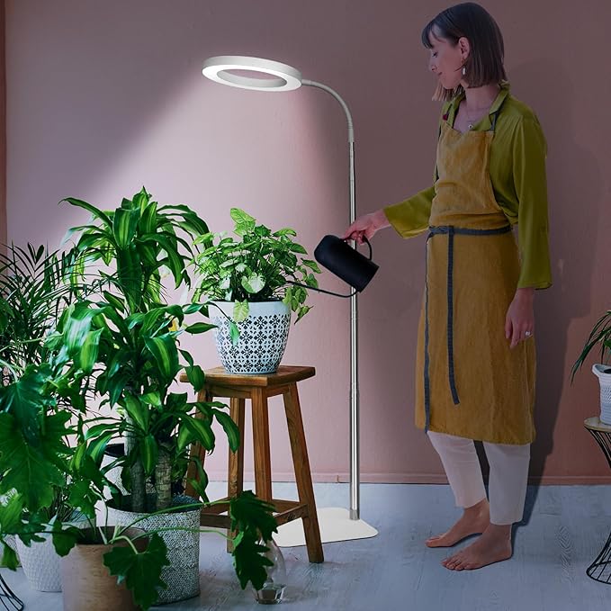 Grow Lights for Indoor Plants - Full Spectrum LED Halo Growing Lamp with Base & Groud Stake, Height Adjustable (16-67"), 3CCT, 10 Dimming, 3H/9H/12H Auto Timer - White (NO Adapter)