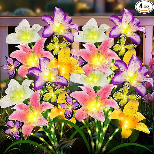 Solar Garden Lights 4 Pack 16 Lily Flowers with Butterfly Decor, Christmas Birthday Gifts Solar Flower Lights for Outside,Cemetery Flowers for Grave - Decorative Lilies for Yard, Patio, Pathway