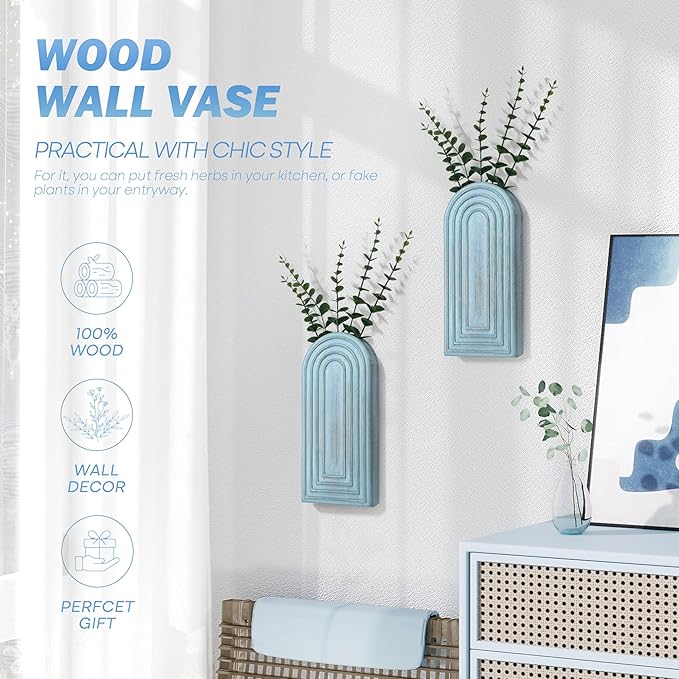 EOSAHR Pine Wood Boho Decor Wall Vases Set of 2– Decorative Wall Decor for Living Room, Bedroom & Bathroom – Coastal Hanging Planters for Indoor Plants, Fake Plants (Blue)