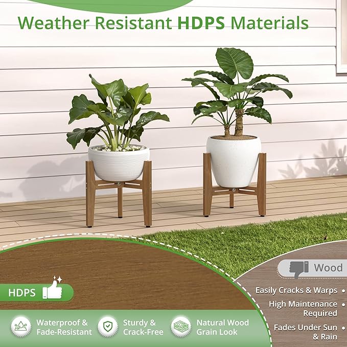 LUE BONA 2 Pack HDPS Plant Stand, Adjustable Plant Stand Indoor for 8-12 Inches Pots, Mid Century Modern Plant Holder for Indoor, Outdoor, Teak Finish