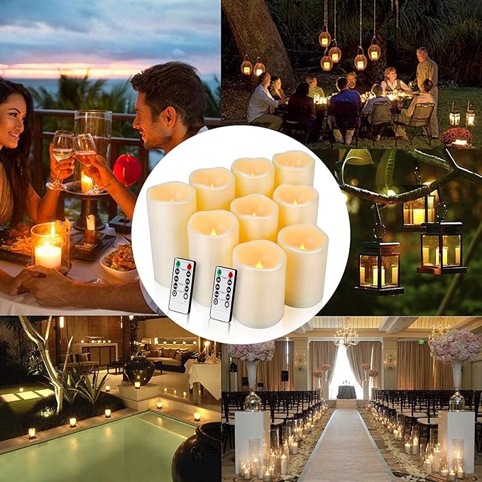 Enido 9pcs Flameless Flicking LED Candles with Remote, Battery Operated Outdoor Waterproof Candles, Electric Candle for Dining Tables and Fireplaces