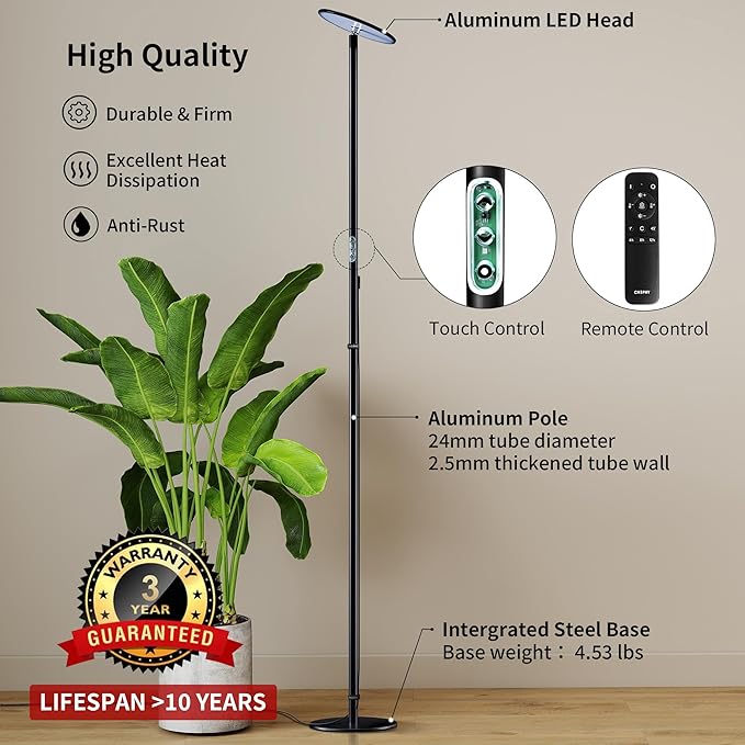 chiphy Grow Lights, 85" Full Spectrum Plant Light for Indoor Plants, 4/8/12H Timer, 40W Grow Lamp, 10 Dimmable Brightness, Height Adjustable, Ideal for Large Tall Plants