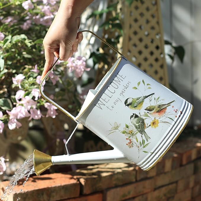 Vintage Metal Watering Can with Gold Accents & Bird Floral Welcome to My Garden Design Garden Decorative Watering Pot Farmhouse Waterer for Home Indoor Outdoor Balcony Courtyard (White)