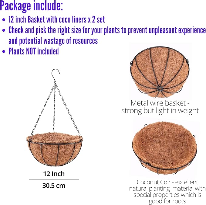 LaLaGreen Hanging Planters for Outdoor Plants (2 Pack, 12 Inch) Hanging Baskets with Coco Liner Flower Pots, Metal Wire Round Plant Holder Hanger Hook Chain Deck Porch Garden Balcony Farmhouse Decor