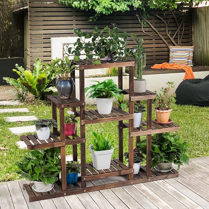 Giantex Flower Rack Wood Plant Stand Wood Shelves Bonsai Display Shelf Indoor Outdoor Yard Garden Patio Multifunctional Storage Rack Bookshelf W/Hollow-Out Rack (47.5”Lx 10’’Wx 38’’H (6 Tier))