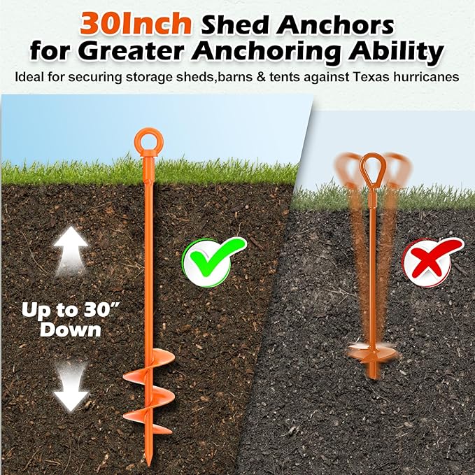 30" Ground Anchors Shed Anchors Kit with 3/16" 75FT Galvanized Cable & M6 304 Stainless Steel Turnbuckles, Heavy Duty Earth Anchors for Sheds Trees Trampoline Greenhouse Swing Set Tent, 6Pack Orange