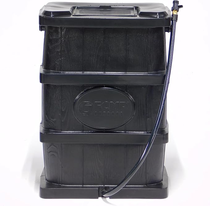 FCMP Outdoor Slim Line Design 45-Gallon Wood Grain Outdoor Home Rain Water Catcher Barrel Flat Back Container with Spigots and Mesh Screen, Black
