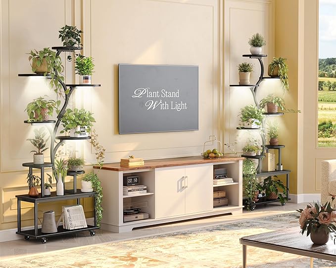 PRAISUN 63.6 Inch Plant Stand with Grow Lights, 9 Tiered Indoor Plant Shelf with Larger Flower Holder, Curved-tubed Design, 3 Light Modes, Movable Wheels, Corner Plant Rack for Living Room, Black