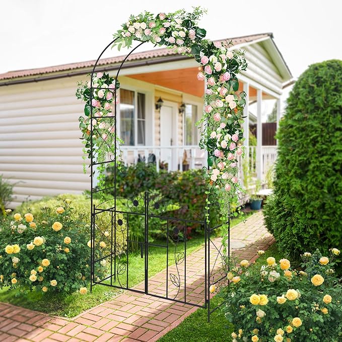 Moccha Garden Arbor, 90" Metal Arbor Trellis for Climbing Plants, Rose, Ivy, Outdoor Archway Pergola with Lockable Gate, 4 Ground Stakes, Garden Arch for Lawn Patio Bridal Party Pathway Ceremony