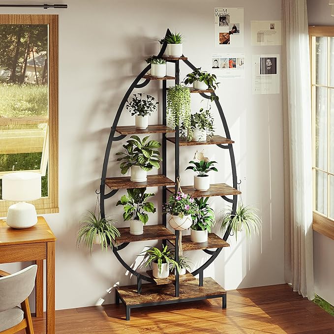 VINGLI 63″ Leaf-Shaped 10-Tier Metal Plant Stand with 5 Full-Spectrum LED Grow Lights, Tall Indoor Tiered Plant Shelf for Multiple Plants, Decorative & Functional Rack, Black