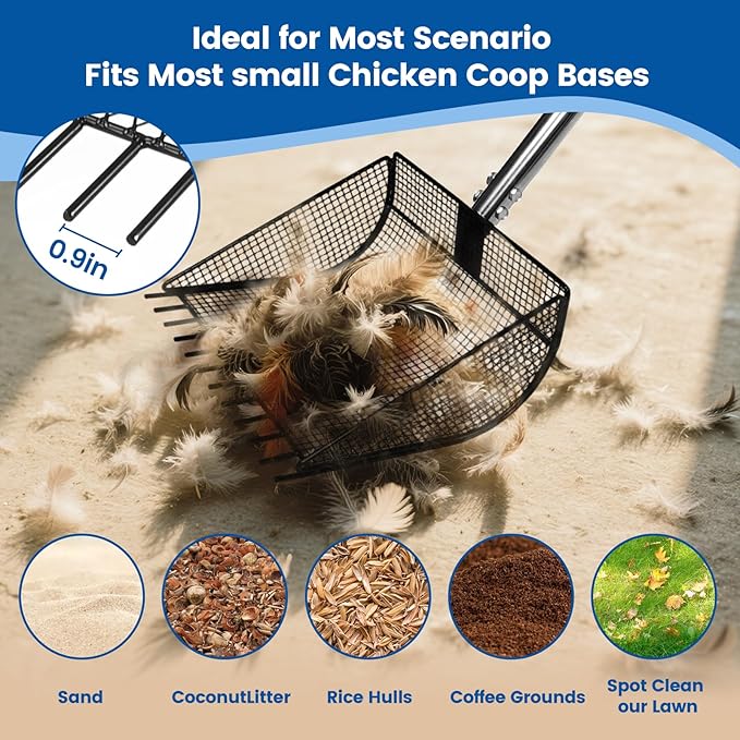 Chicken Poop Scooper for Sand, 2-in-1 Rake & Pooper Scooper with Large Sifting Shovel, Adjustable Stainless Steel Handle (36"-62"), Chicken Coop Litter Scoop & Cleaning Tool for Farm Animals