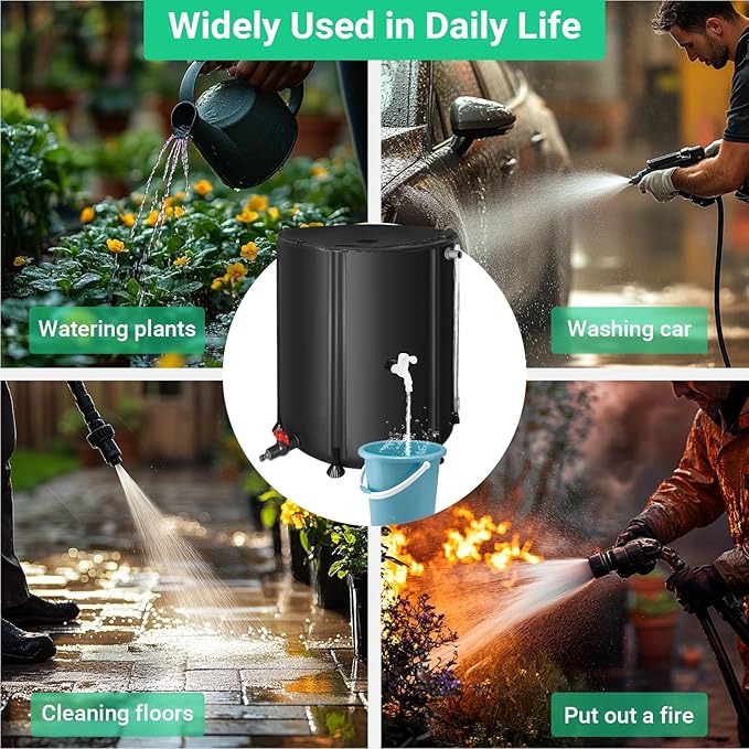 50 Gallon / 200L Collapsible Rain Barrel, Foldable PVC Rain Barrels to Collect Rainwater from Gutter, Portable Water Storage Tank Container with Hose Spigot, Water Catcher Collector Black