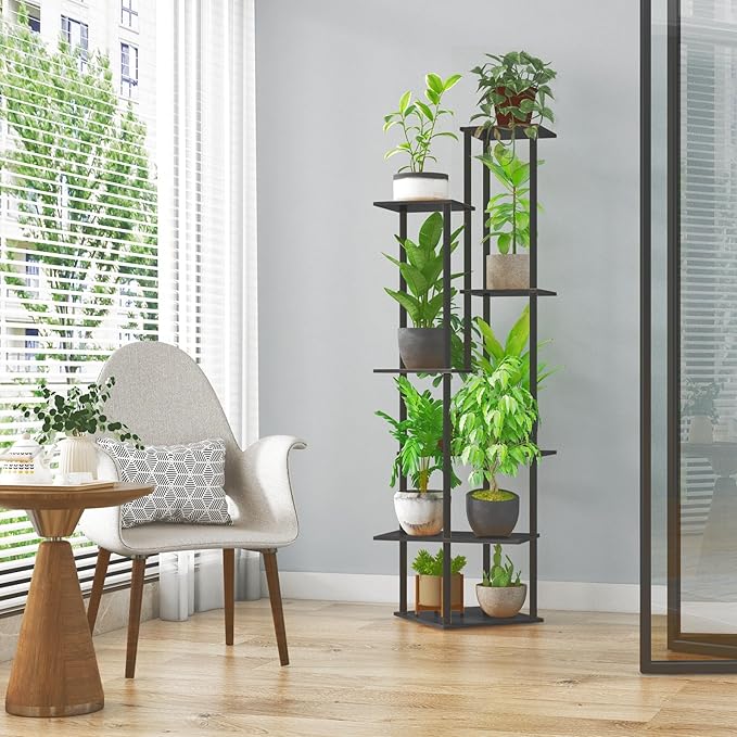 Tall Plant Stand Indoor, 7-Tier Modern Plant Shelf for Multiple Plants, Wood Metal Flower Holder for Living Room Balcony Bedroom, Black