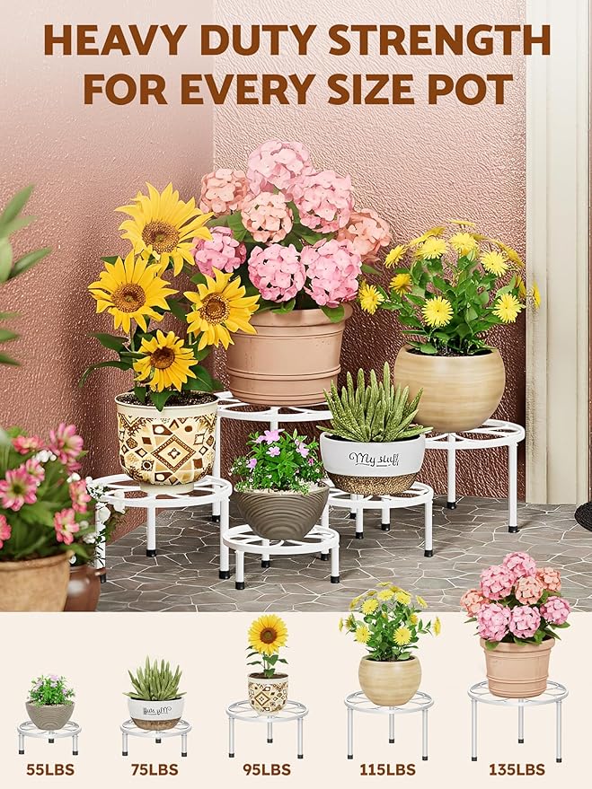 5 Pack Metal Plant Stands for Indoor Outdoor Planters, Flower Pots Stand, Beverage Dispenser Stand, Pumpkin Short Holder Stand for Floor and Tabletop Decoration(WhiteFlower)