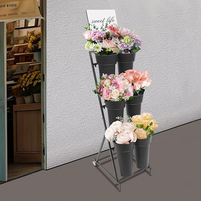 3 Tier 6 Black Bucket Flower Display Stand, Iron Decorative Flower Display Stand Indoor Outdoor Flower Cart Ladder Shelf Metal Moving Bouquet Shelf with Wheels for Garden Courtyard Florist